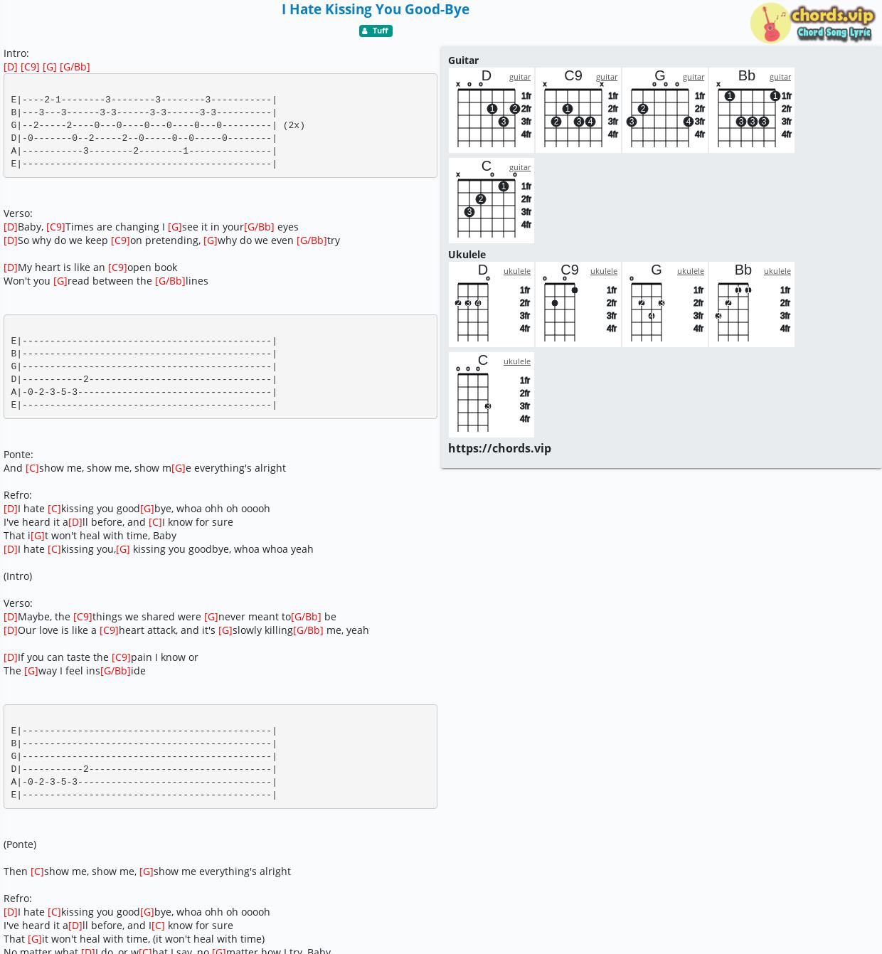 Chord I Hate Kissing You Good Bye Tuff Tab Song Lyric Sheet Guitar Ukulele Chords Vip