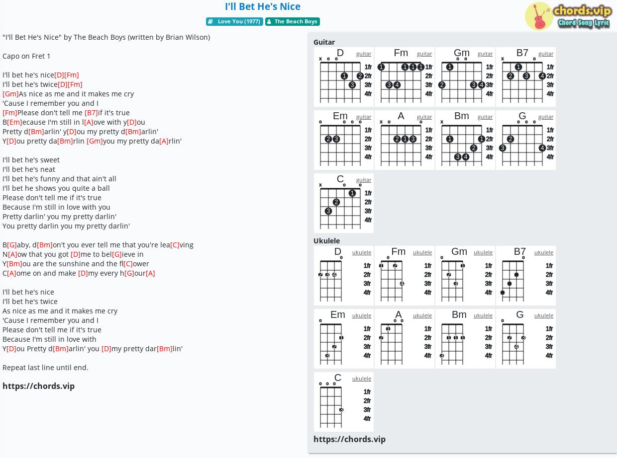 Chord I Ll Bet He S Nice The Beach Boys Tab Song Lyric Sheet Guitar Ukulele Chords Vip