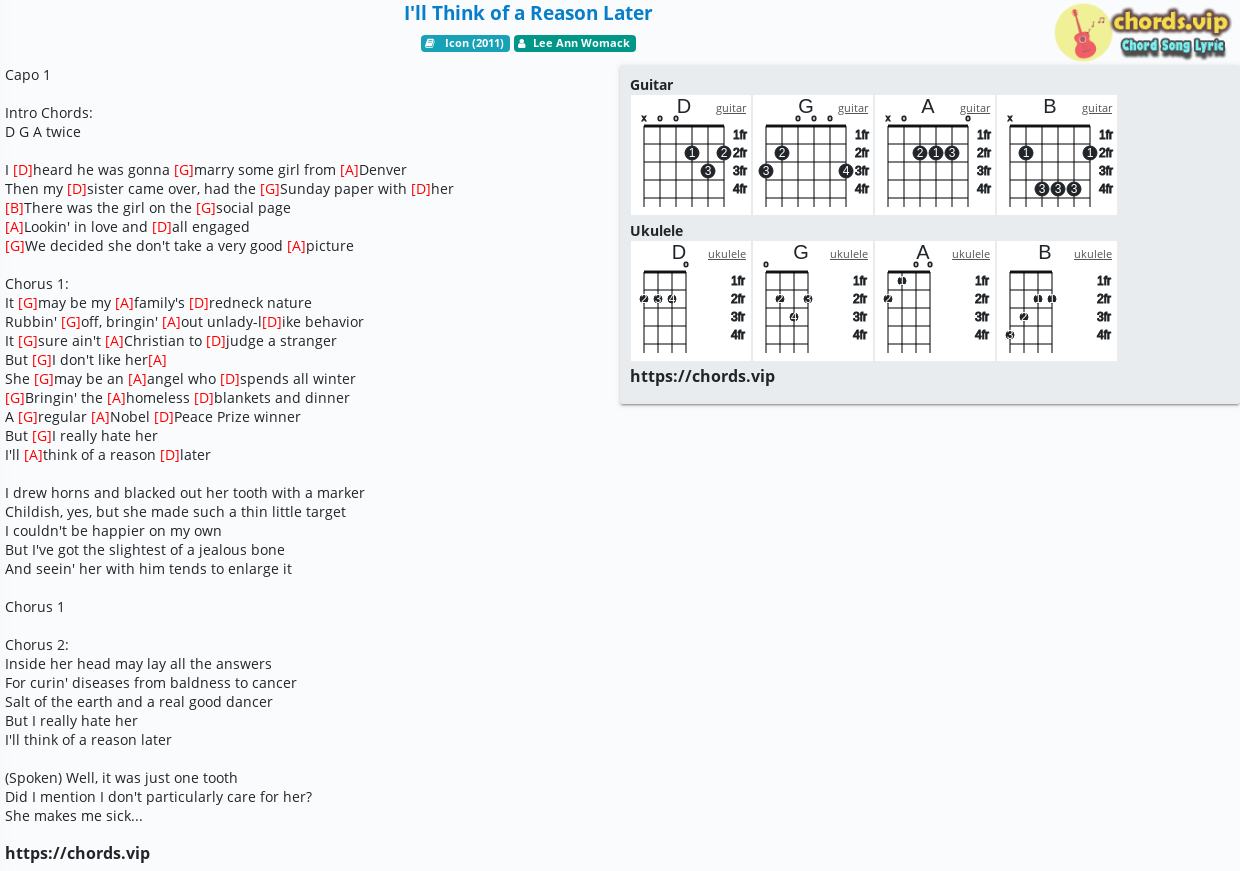 Chord: I'll Think of a Reason Later - Lee Ann Womack - tab, song lyric,  sheet, guitar, ukulele 