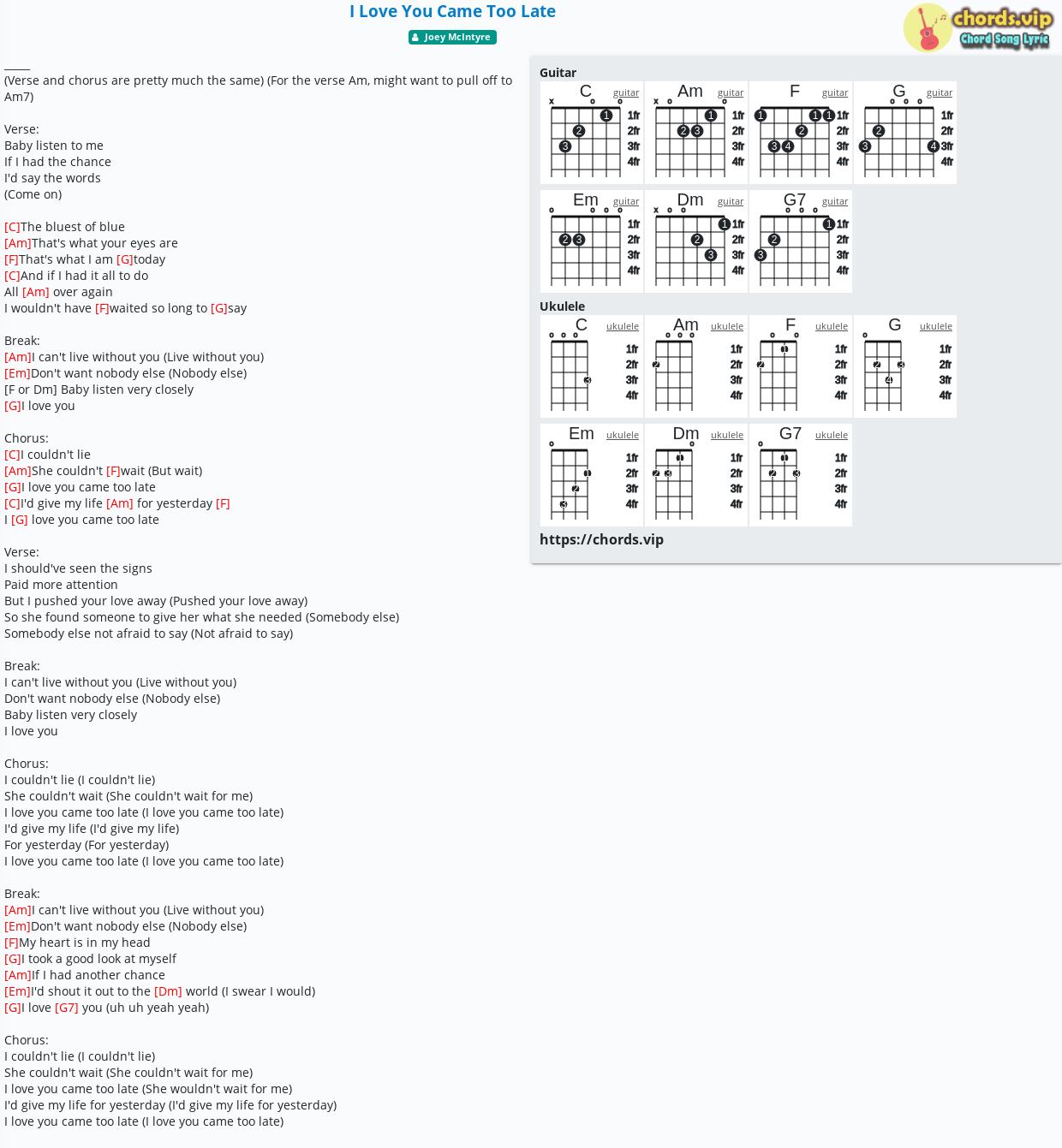 Chord: I Love You Came Too Late - tab, song lyric, sheet, guitar