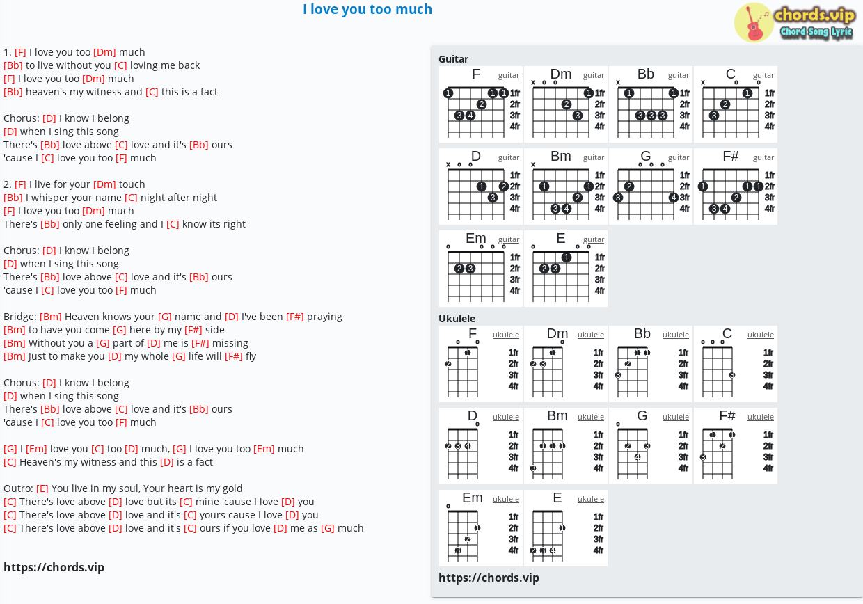 Chord: I love you too much - Nhạc Ngoại - tab, song lyric, sheet