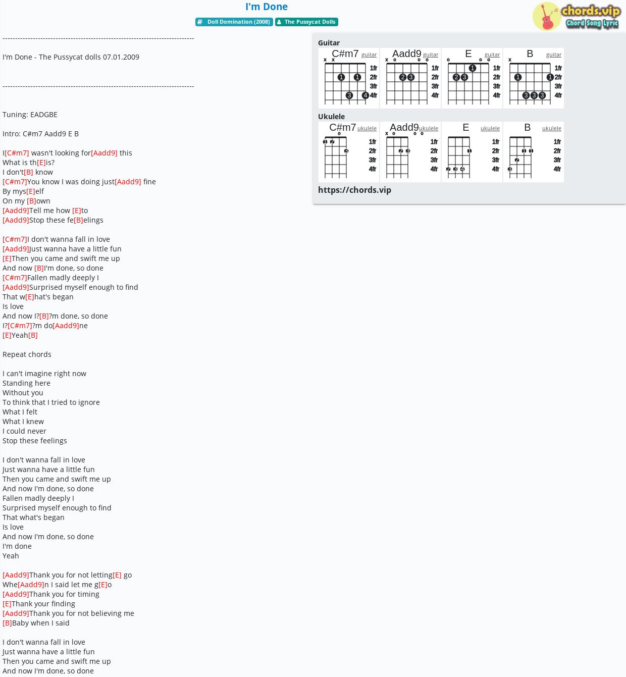 Chord I M Done The Pussycat Dolls Tab Song Lyric Sheet Guitar Ukulele Chords Vip