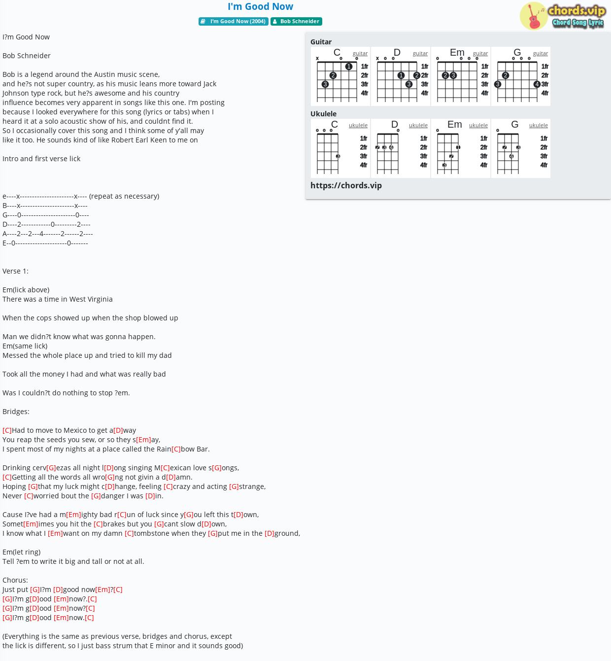 Chord I M Good Now Bob Schneider Tab Song Lyric Sheet Guitar Ukulele Chords Vip