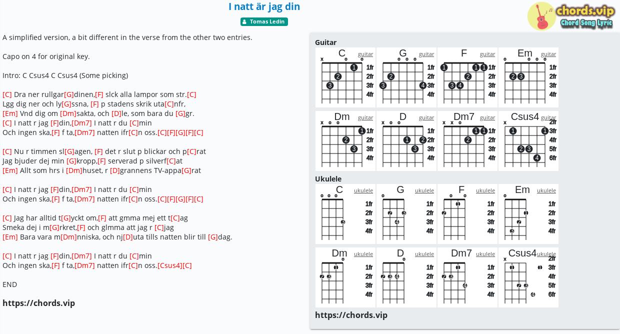 Chord I Natt Ar Jag Din Tomas Ledin Tab Song Lyric Sheet Guitar Ukulele Chords Vip