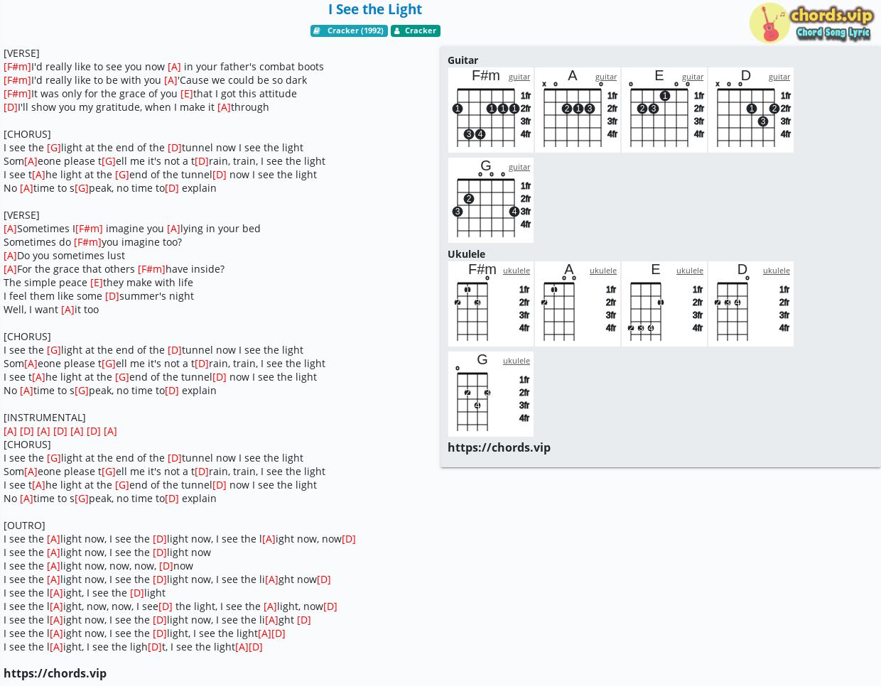 Chord: I See the Light - Cracker - tab, song lyric, sheet, guitar, ukulele chords...