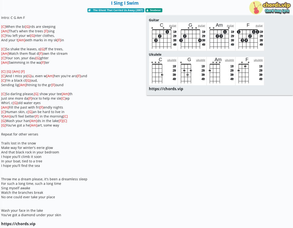 Chord I Sing I Swim Seabear Tab Song Lyric Sheet Guitar Ukulele Chords Vip