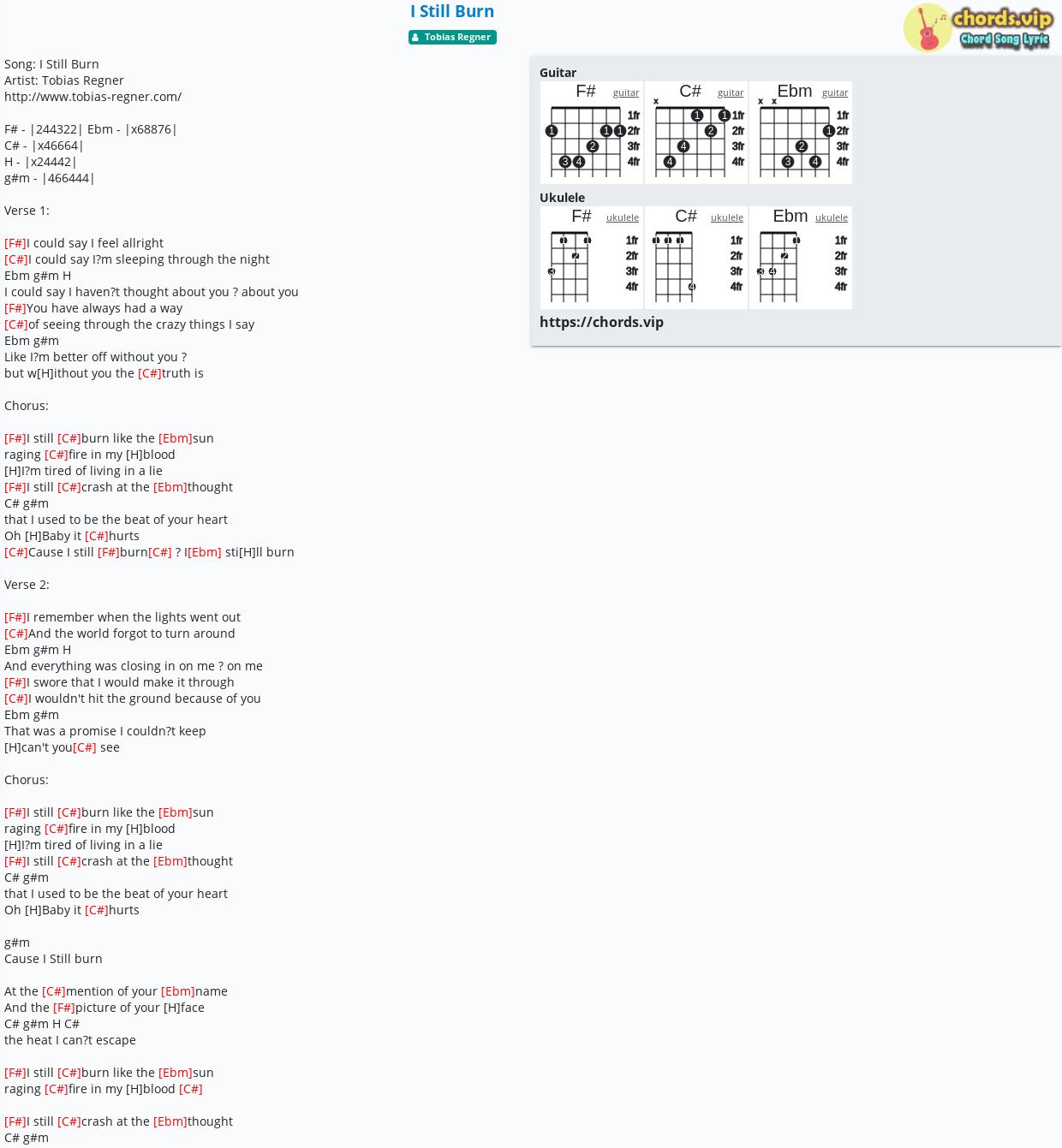 Chord I Still Burn Tobias Regner Tab Song Lyric Sheet Guitar Ukulele Chords Vip