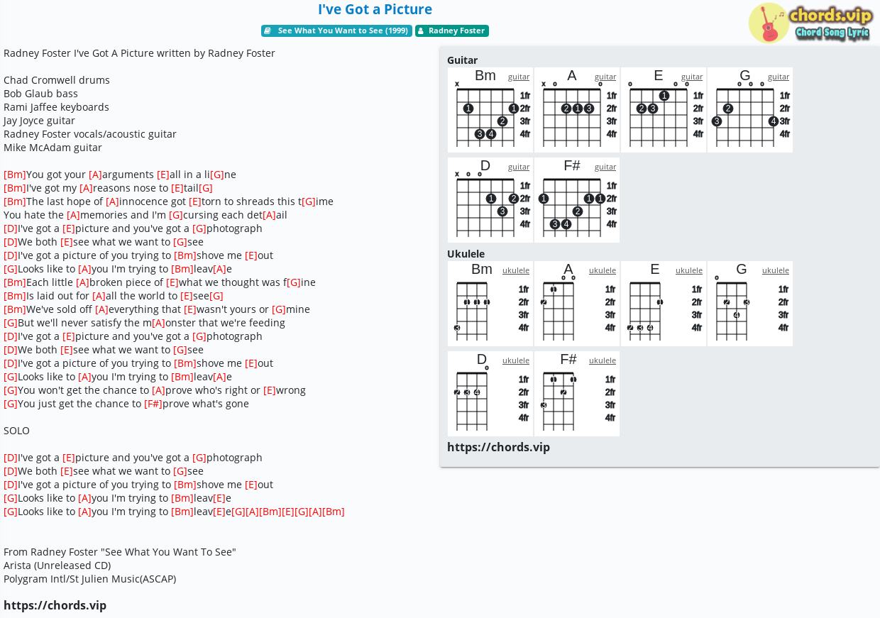 Chord I Ve Got A Picture Radney Foster Tab Song Lyric Sheet Guitar Ukulele Chords Vip