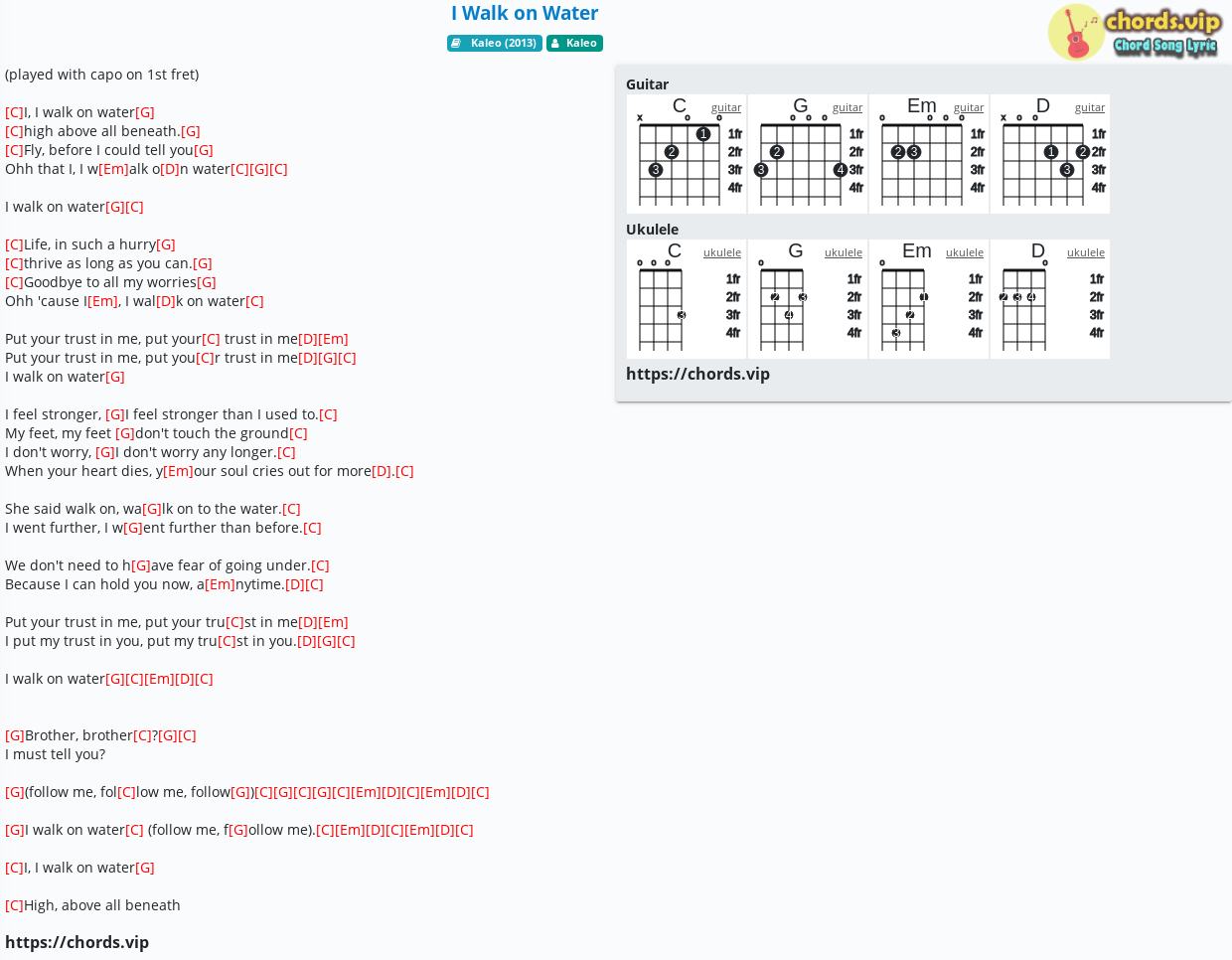 Chord I Walk On Water Kaleo Tab Song Lyric Sheet Guitar Ukulele Chords Vip