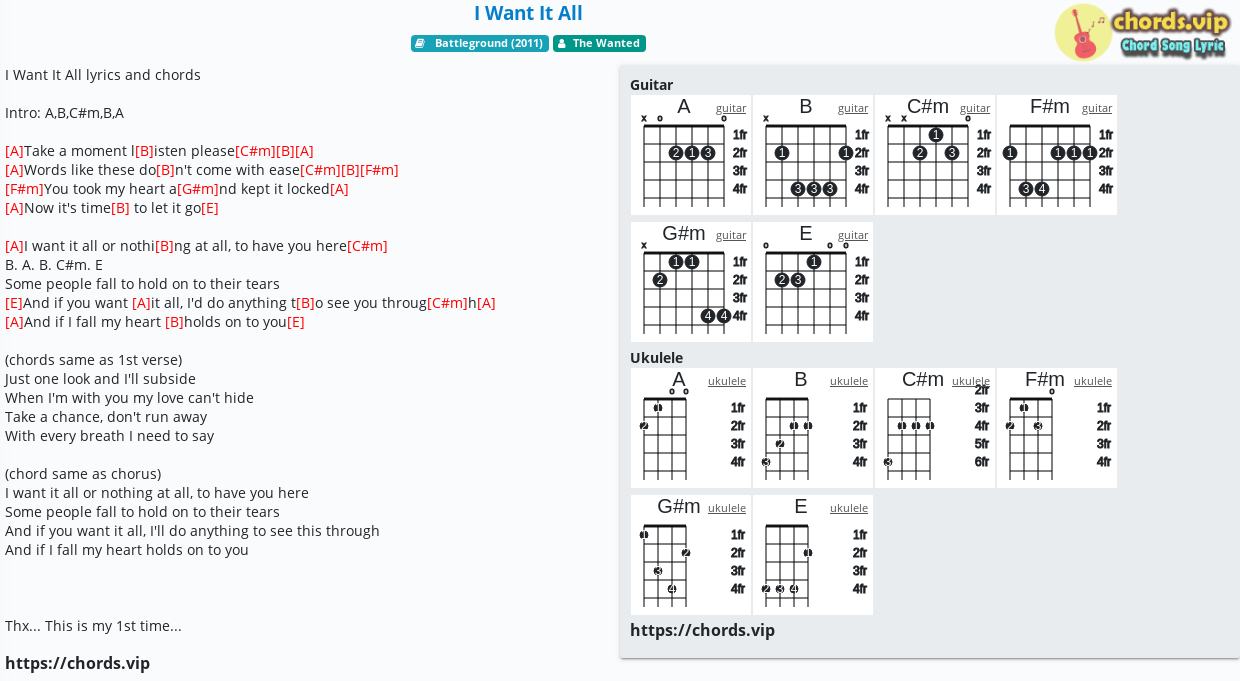 Chord I Want It All The Wanted Tab Song Lyric Sheet Guitar Ukulele Chords Vip