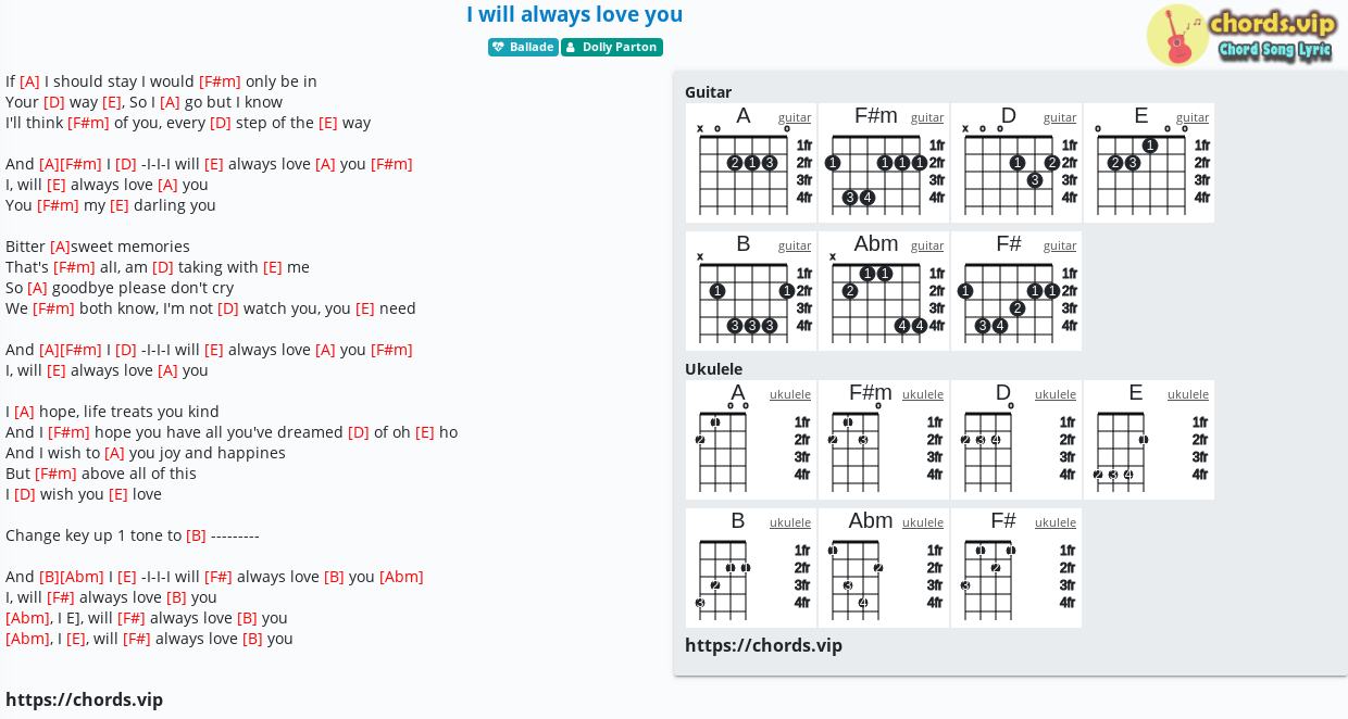 Chord I will always love you tab, song lyric, sheet, guitar, ukulele