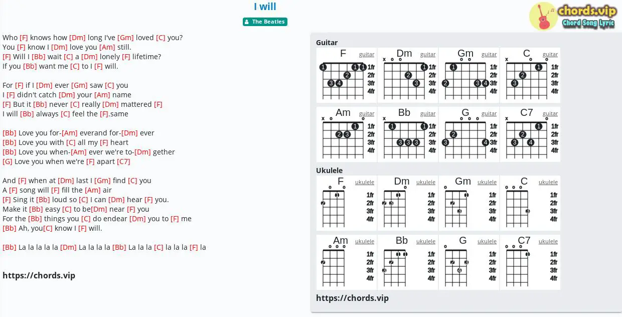 Chord I will tab, song lyric, sheet, guitar, ukulele chords.vip