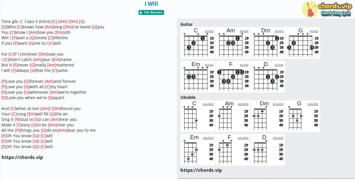 Forstærke Luske ven Chord: I Will - The Beatles - tab, song lyric, sheet, guitar, ukulele |  chords.vip