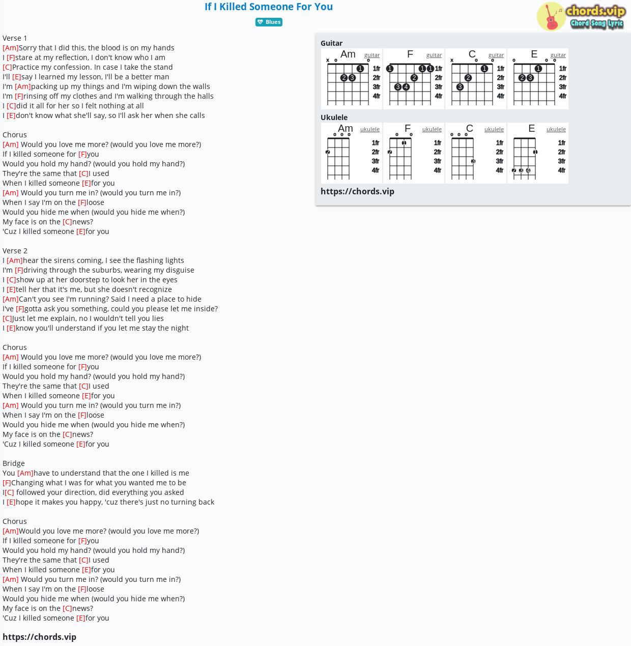 Chord If I Killed Someone For You Tab Song Lyric Sheet Guitar Ukulele Chords Vip