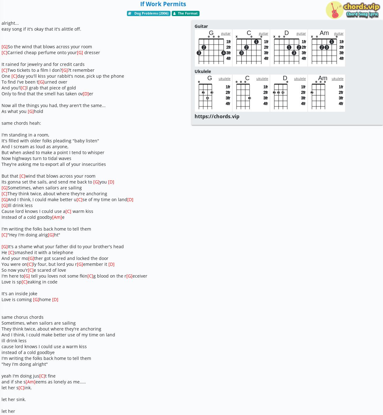 Chord If Work Permits The Format Tab Song Lyric Sheet Guitar Ukulele Chords Vip