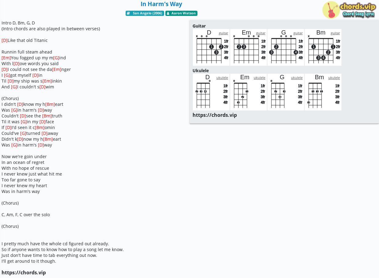 Chord In Harm S Way ron Watson Tab Song Lyric Sheet Guitar Ukulele Chords Vip