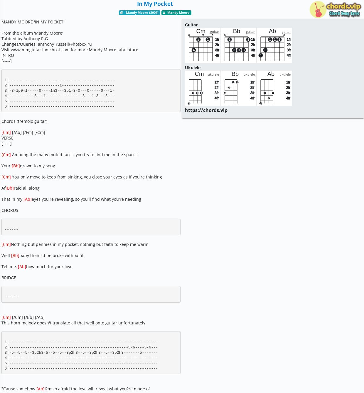 Chord In My Pocket Mandy Moore Tab Song Lyric Sheet Guitar Ukulele Chords Vip