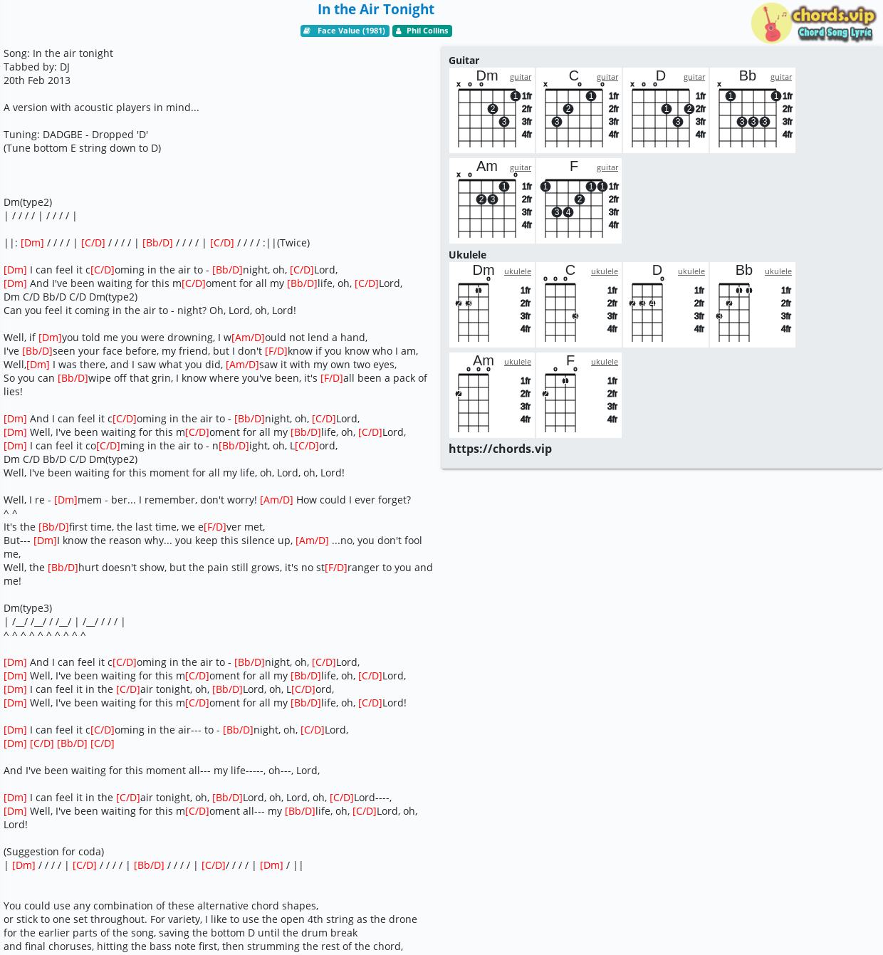 In The Air Tonight Sheet Music | Phil Collins | Guitar Chords/Lyrics
