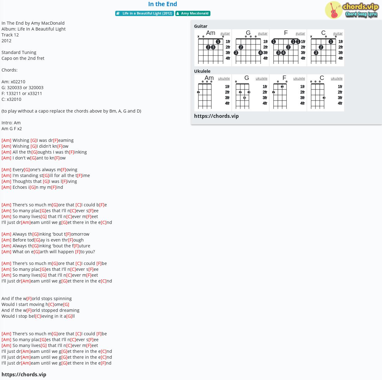 Chord In The End Amy Macdonald Tab Song Lyric Sheet Guitar Ukulele Chords Vip