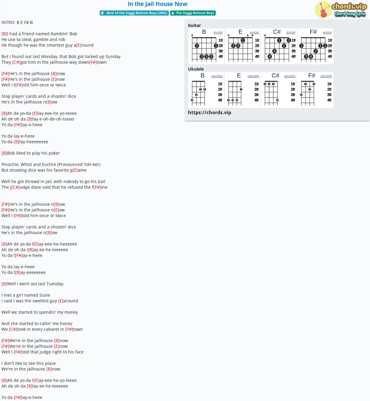 Chord In The Jail House Now The Soggy Bottom Boys Tab Song Lyric Sheet Guitar Ukulele Chords Vip