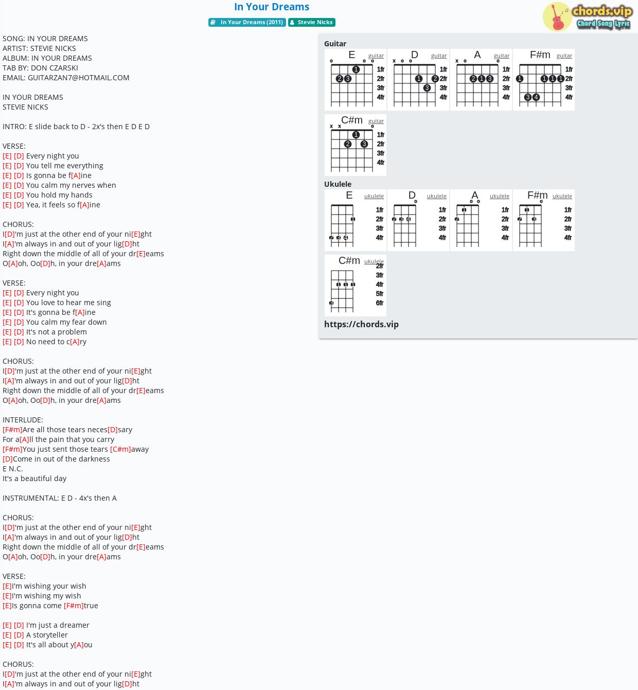 Chord In Your Dreams Stevie Nicks tab, song lyric, sheet, guitar
