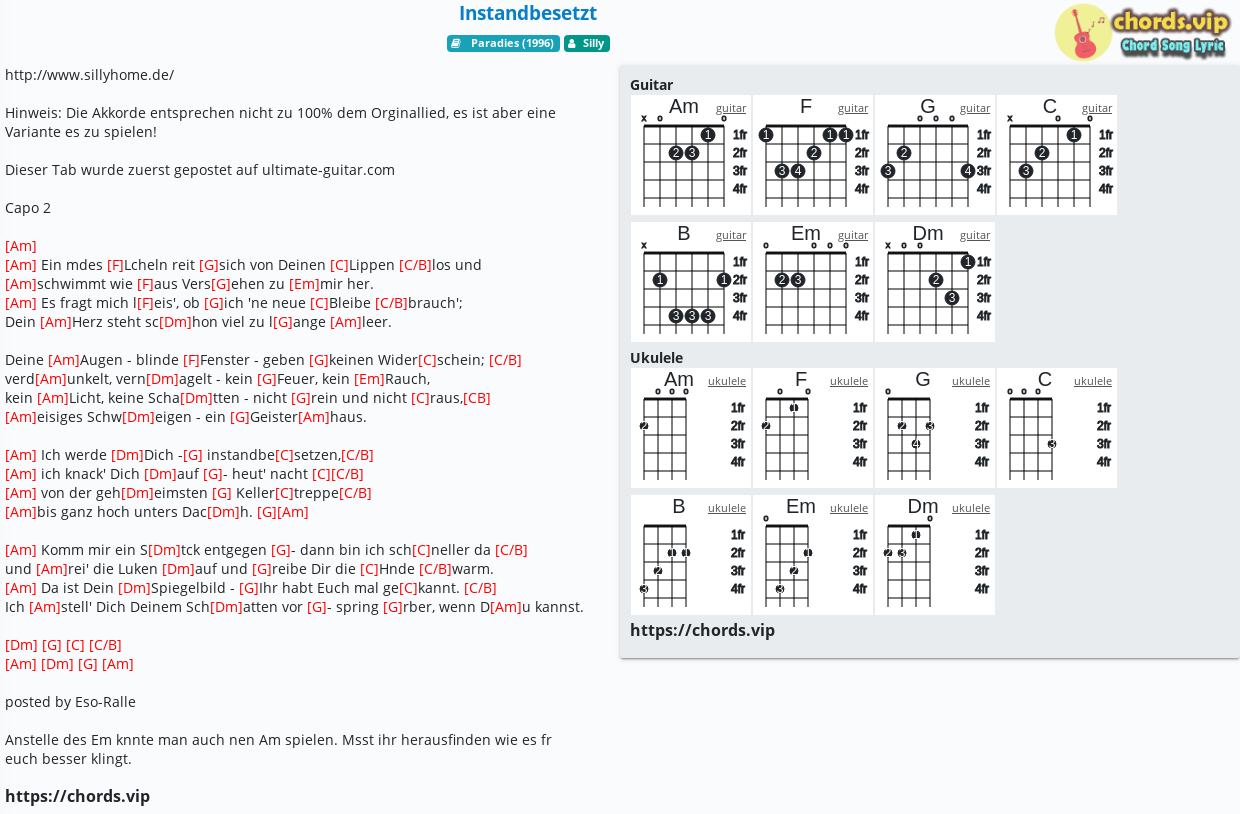 Chord Instandbesetzt Silly Tab Song Lyric Sheet Guitar Ukulele Chords Vip