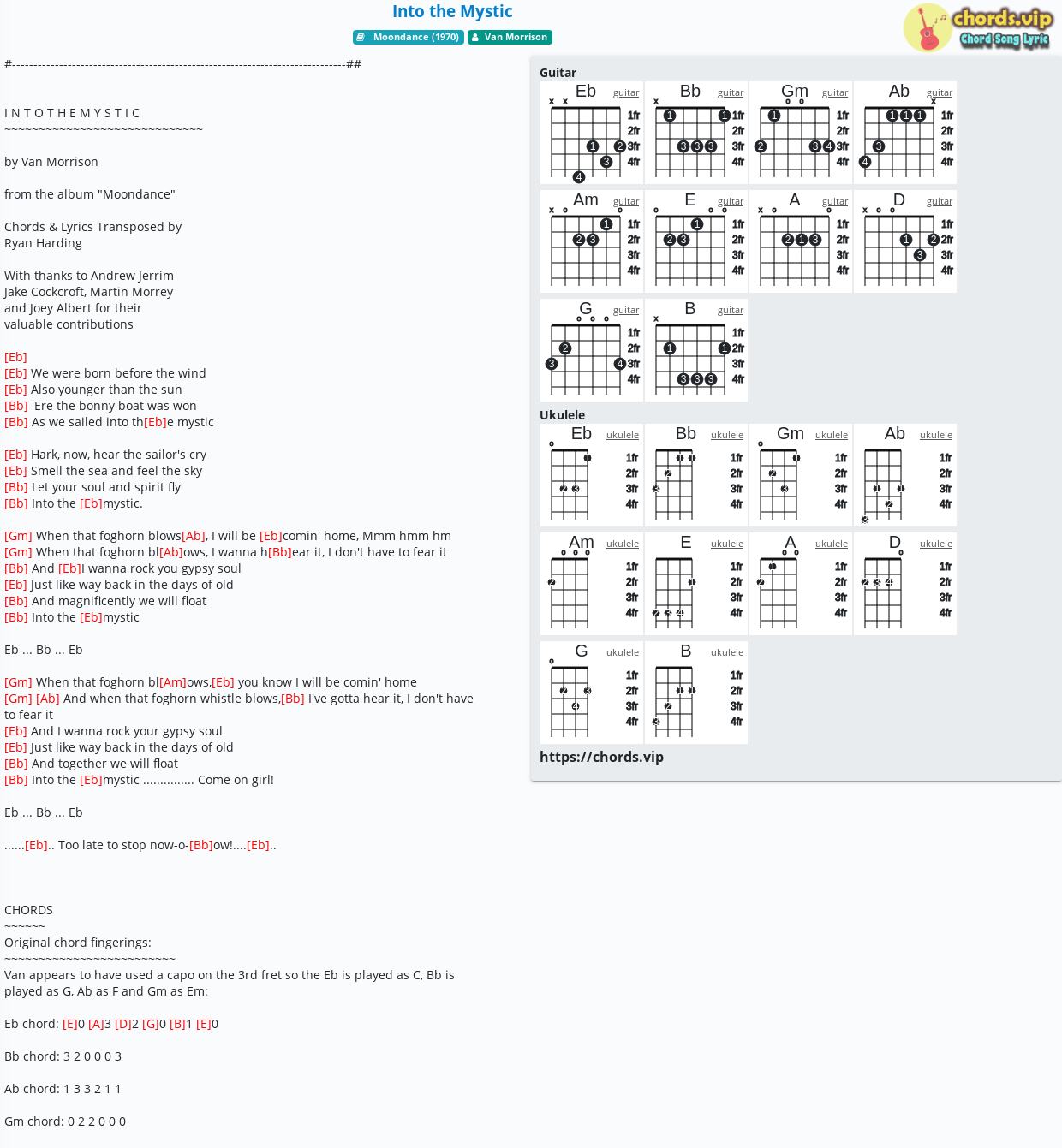 Chord: Into the Mystic - tab, song lyric, sheet, guitar, ukulele