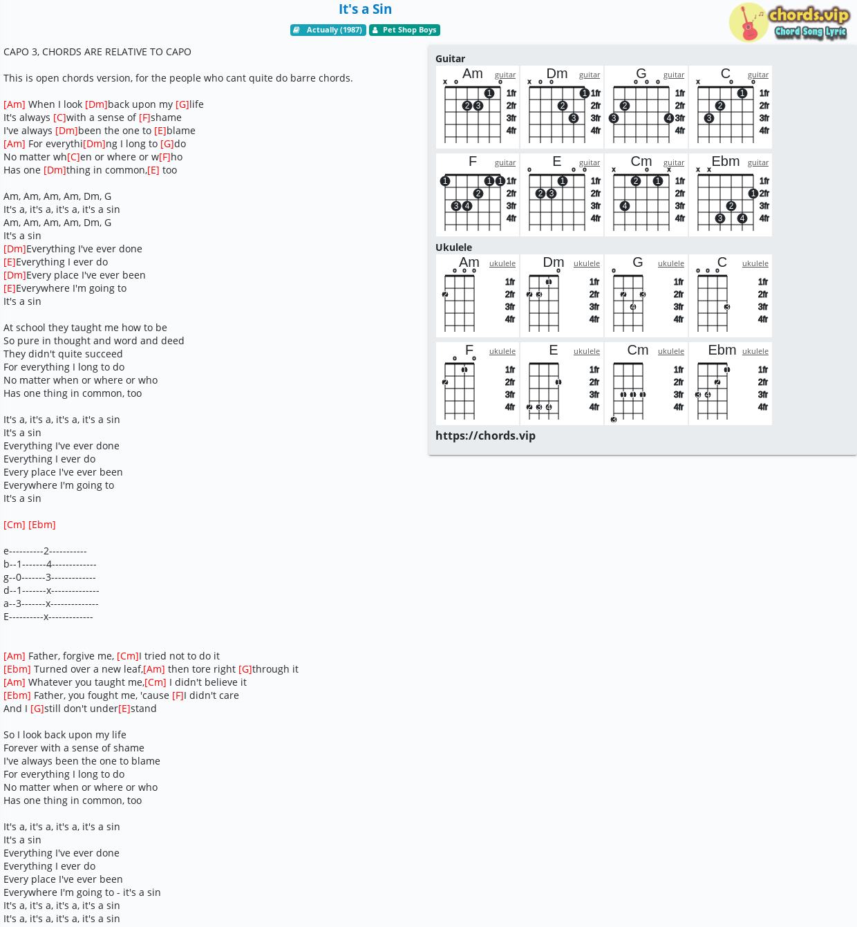 Chord It S A Sin Pet Shop Boys Tab Song Lyric Sheet Guitar Ukulele Chords Vip