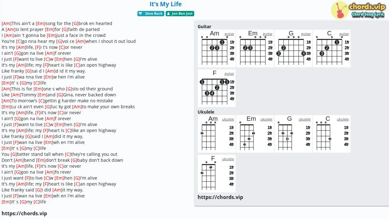 Chord: It's My Life - Jon Bon Jovi - tab, song lyric, sheet, guitar,  ukulele 