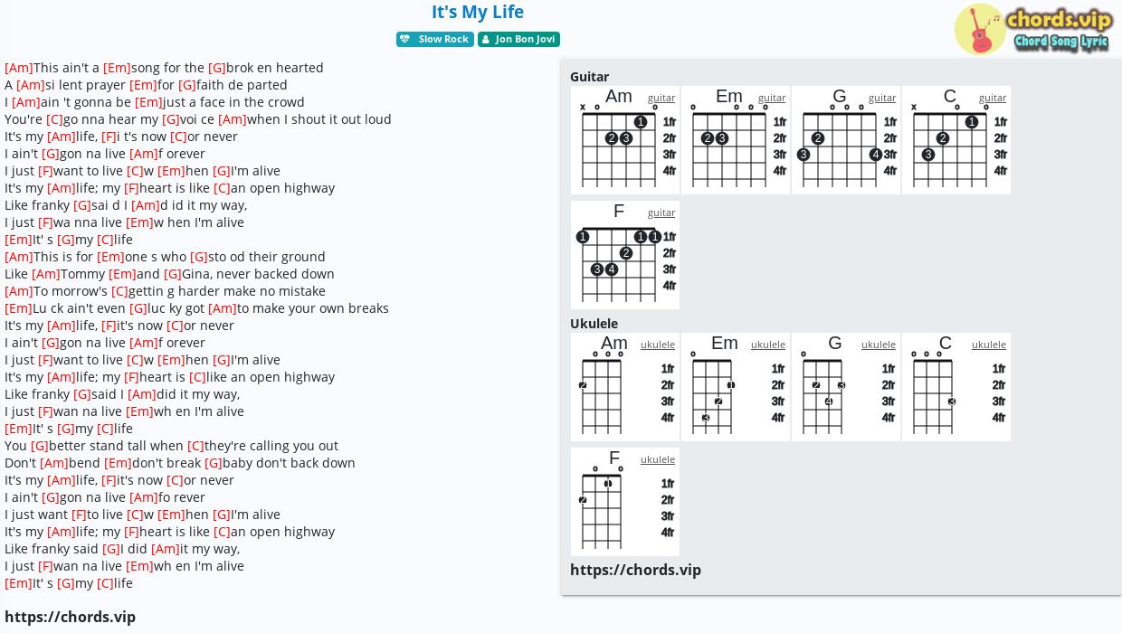 Chord It S My Life Jon Bon Jovi Tab Song Lyric Sheet Guitar Ukulele Chords Vip