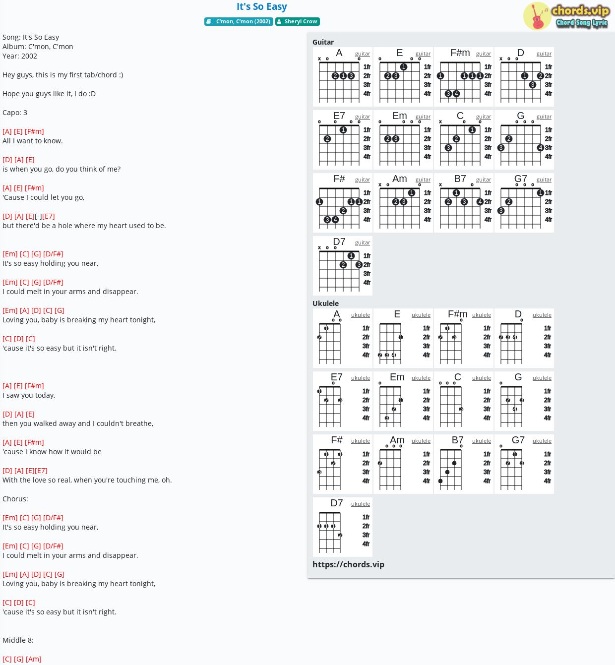 Chord It S So Easy Sheryl Crow Tab Song Lyric Sheet Guitar Ukulele Chords Vip