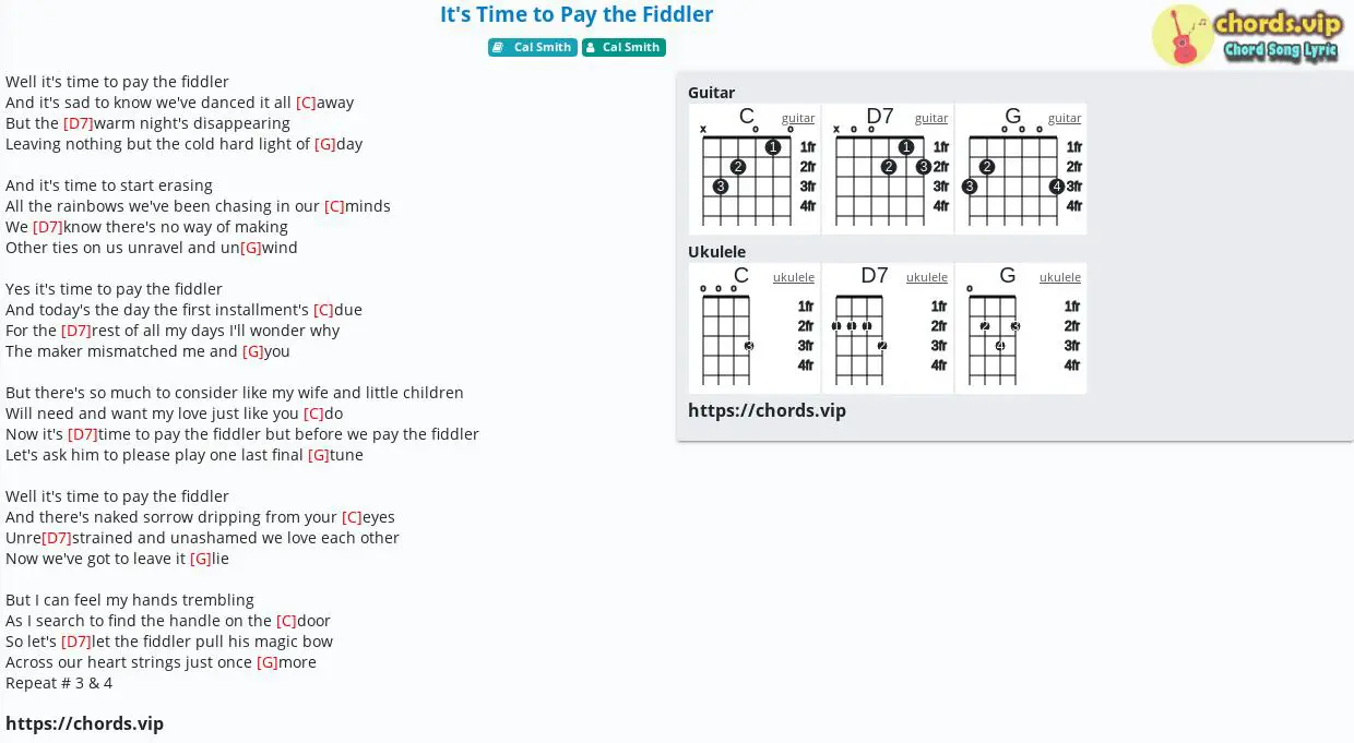 Chord It S Time To Pay The Fiddler Cal Smith Tab Song Lyric Sheet Guitar Ukulele Chords Vip Loading the chords for 'maybe it's time'. to pay the fiddler cal smith tab