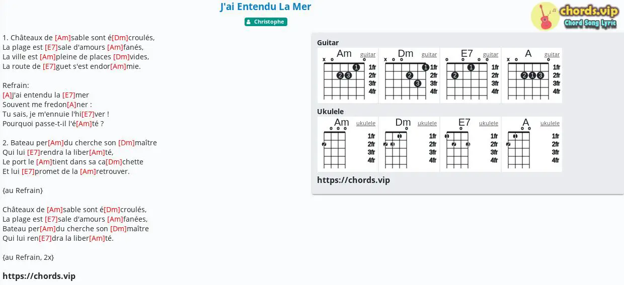 Chord J Ai Entendu La Mer Christophe Tab Song Lyric Sheet Guitar Ukulele Chords Vip