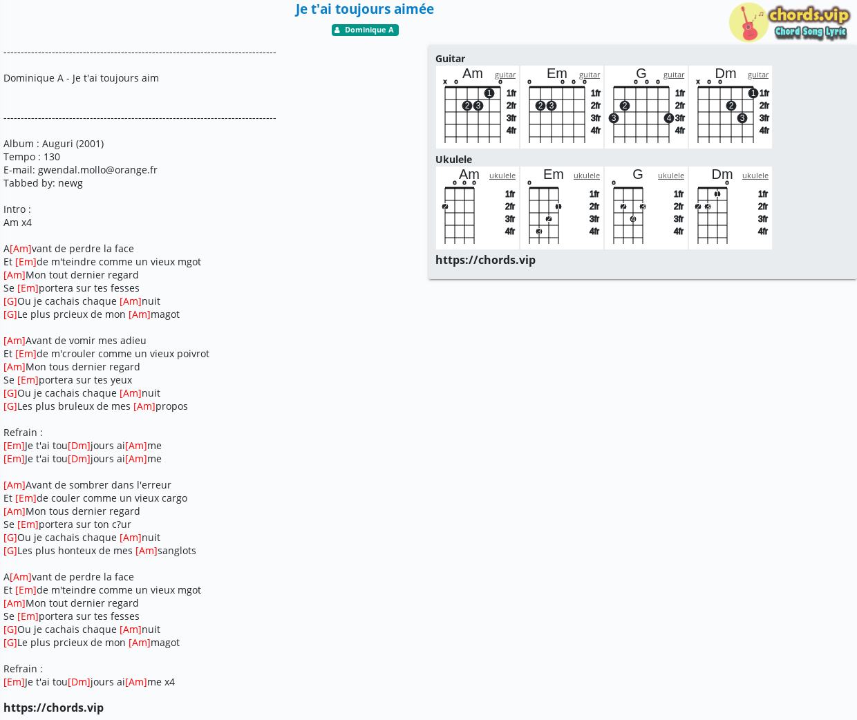Chord Je T Ai Toujours Aimee Dominique A Tab Song Lyric Sheet Guitar Ukulele Chords Vip