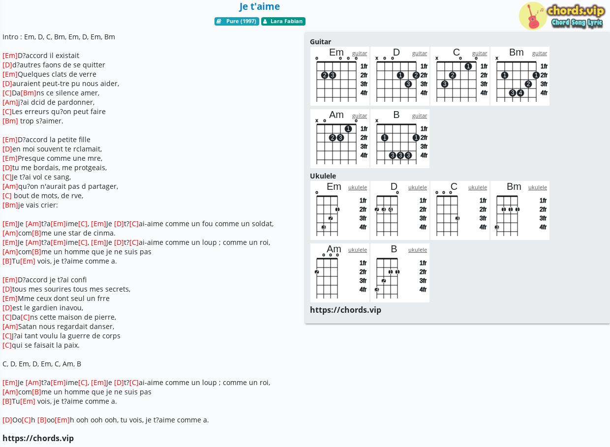 Chord Je T Aime Lara Fabian Tab Song Lyric Sheet Guitar Ukulele Chords Vip