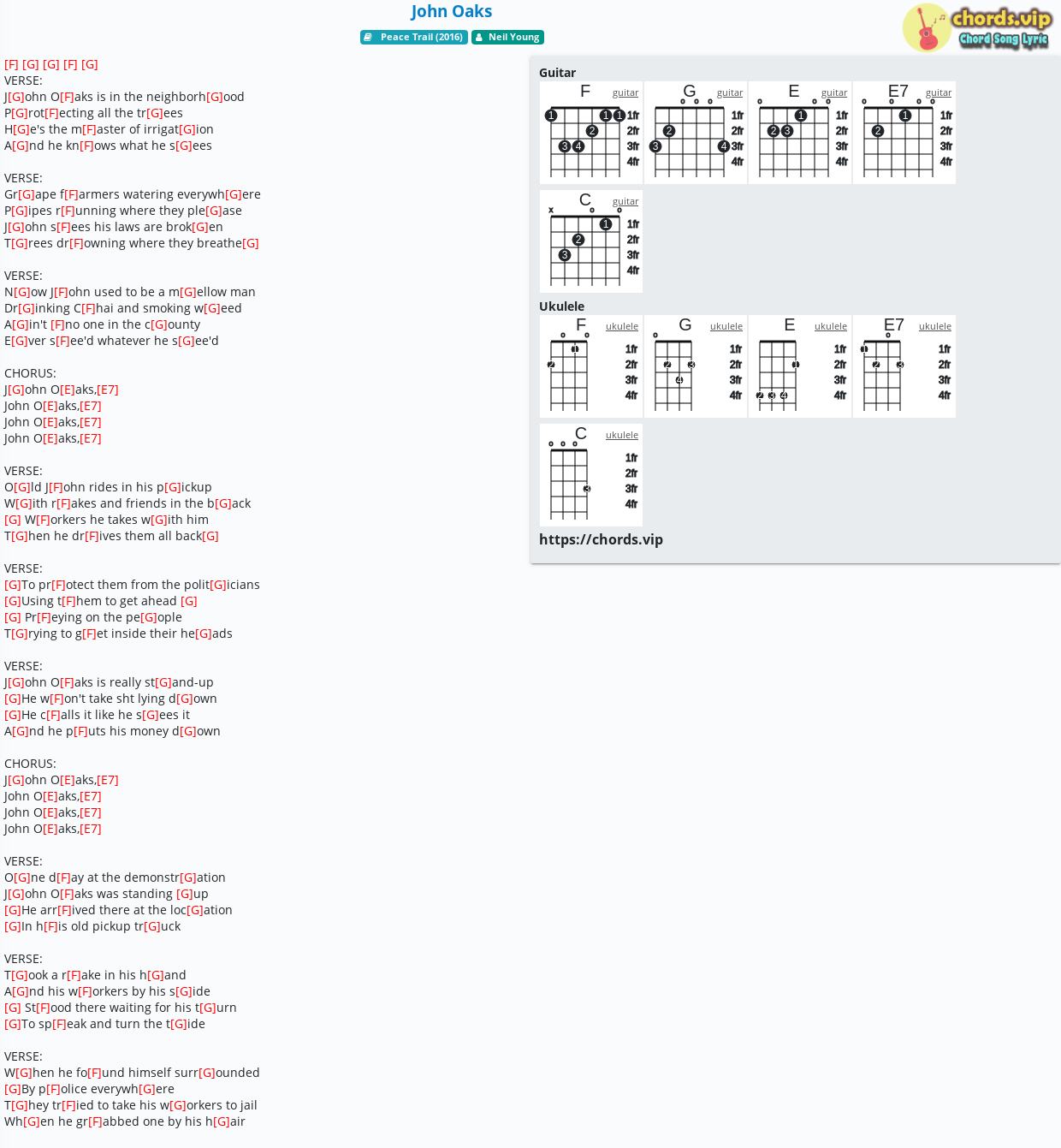 Chord John Oaks Neil Young Tab Song Lyric Sheet Guitar Ukulele Chords Vip