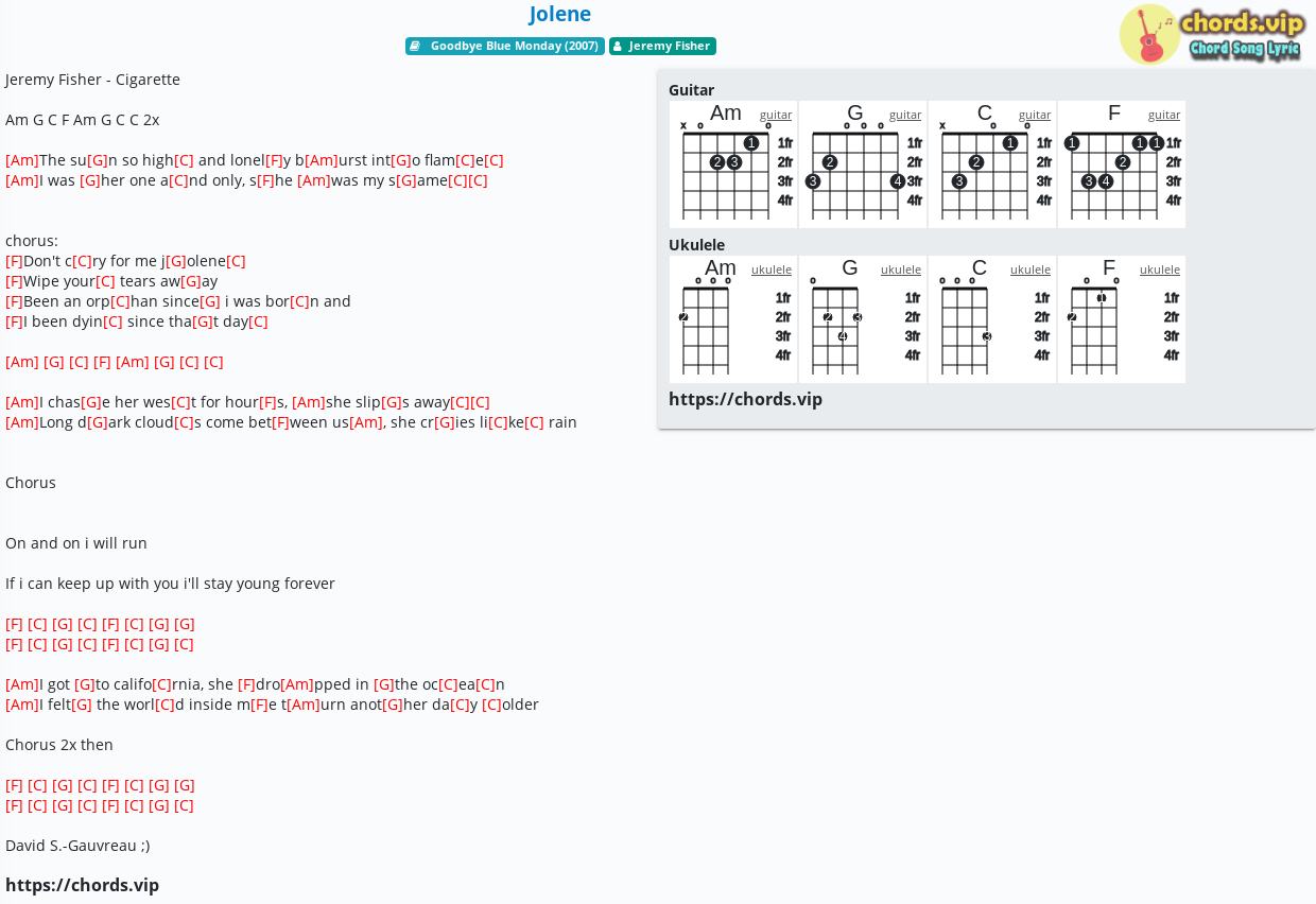 Chord Jolene Jeremy Fisher Tab Song Lyric Sheet Guitar Ukulele Chords Vip