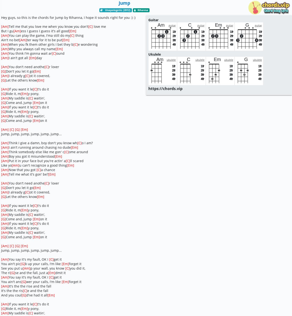 Chord Jump Rihanna Tab Song Lyric Sheet Guitar Ukulele Chords Vip