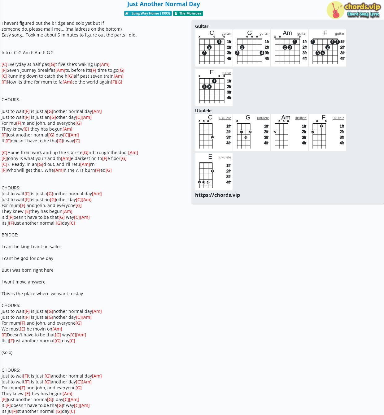 Chord Just Another Normal Day The Monroes Tab Song Lyric Sheet Guitar Ukulele Chords Vip
