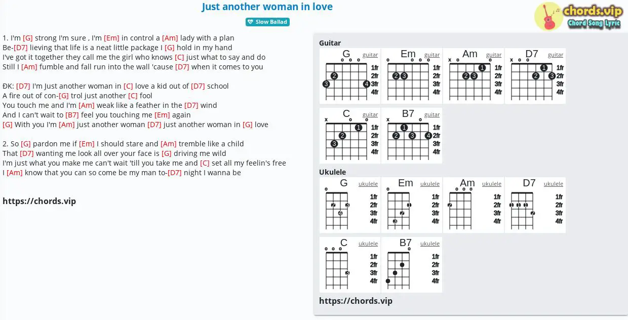 Vedhæft til svag bestå Chord: Just another woman in love - P.Ryna,W. Mallette,Anne Murray - tab,  song lyric, sheet, guitar, ukulele | chords.vip