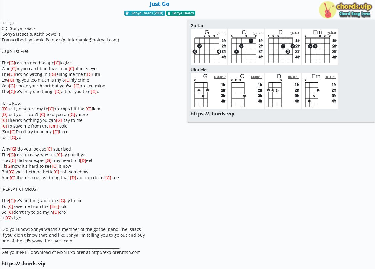 Chord Just Go Sonya Isaacs Tab Song Lyric Sheet Guitar Ukulele Chords Vip