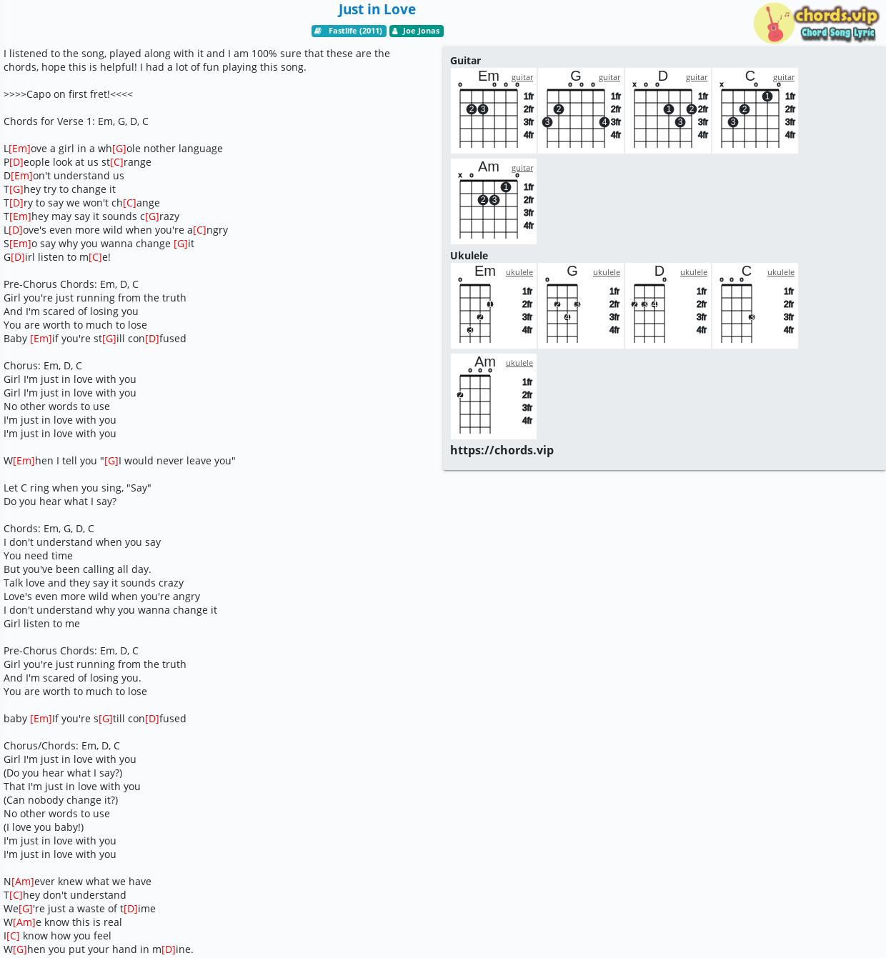 Chord Just In Love Joe Jonas Tab Song Lyric Sheet Guitar Ukulele Chords Vip Chord Just In Love Joe Jonas Tab Song Lyric Sheet Guitar Ukulele Chords Vip