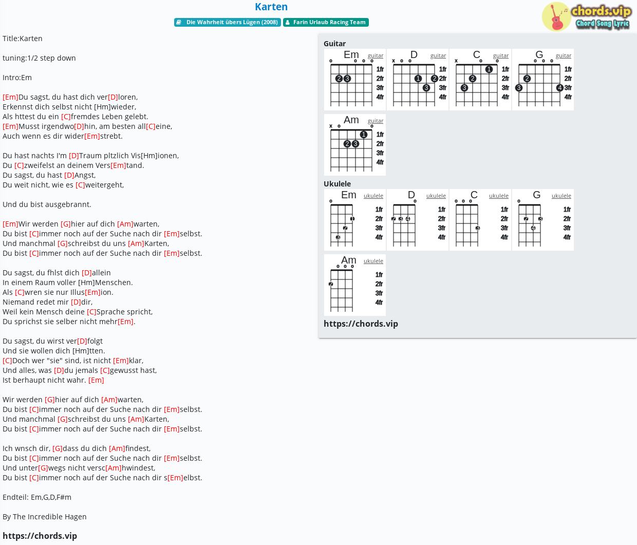 Chord Karten Farin Urlaub Racing Team Tab Song Lyric Sheet Guitar Ukulele Chords Vip