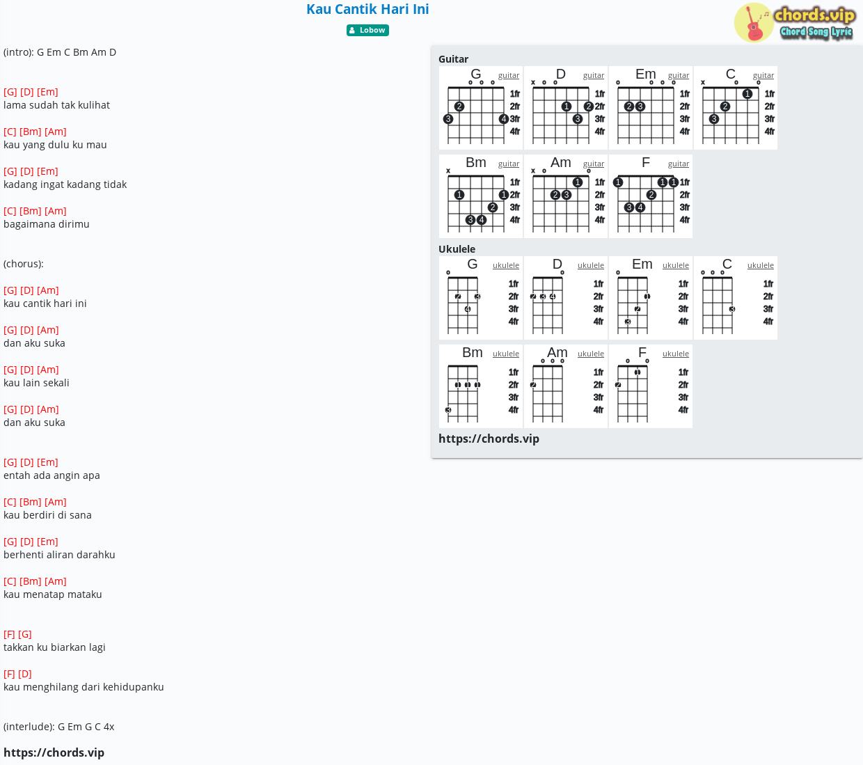 Chord Kau Cantik Hari Ini Lobow Tab Song Lyric Sheet Guitar Ukulele Chords Vip