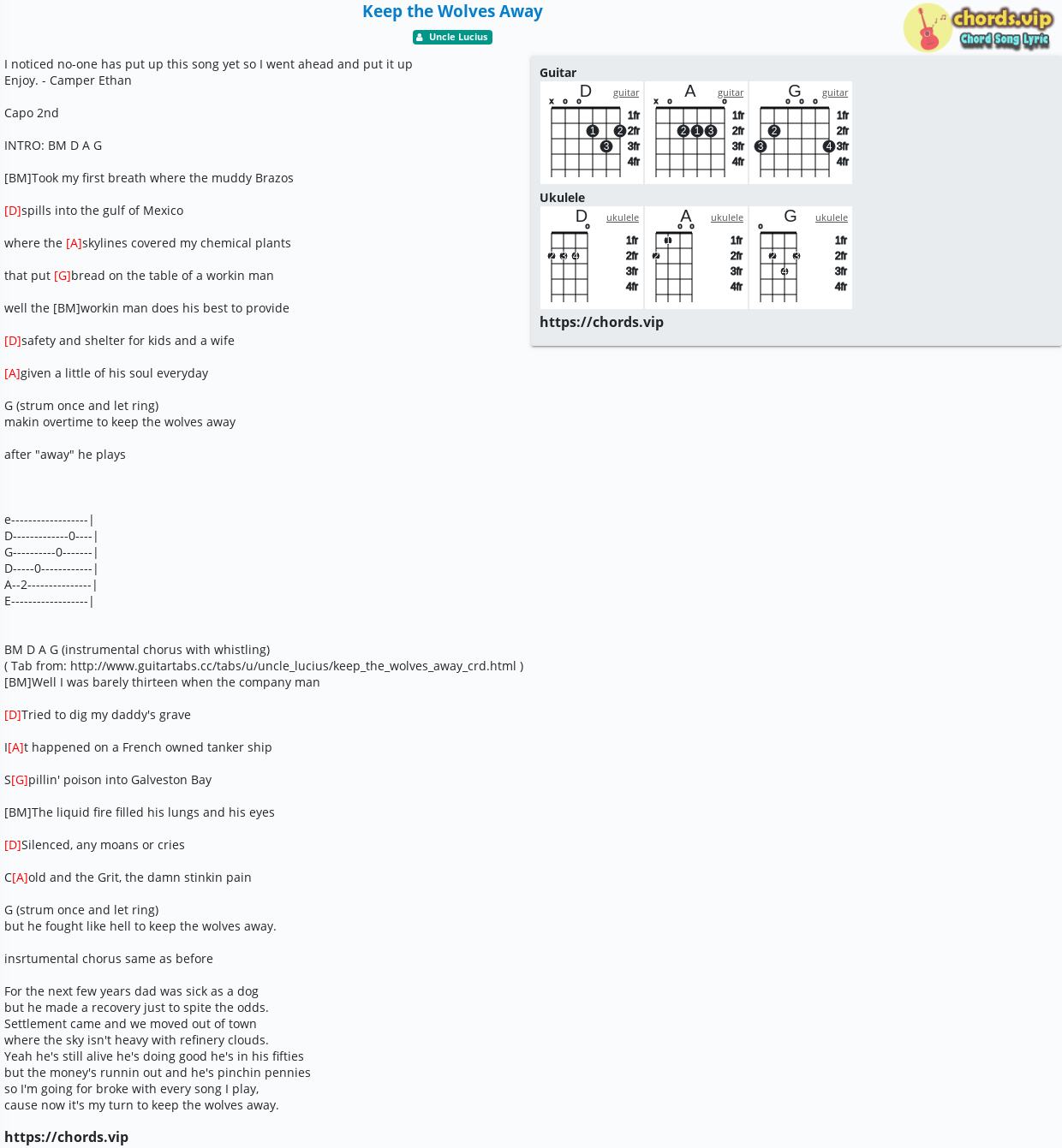 Uncle Lucius Keep The Wolves Away Chords Hợp âm: Keep the Wolves Away - cảm âm, tab guitar, ukulele - lời bài