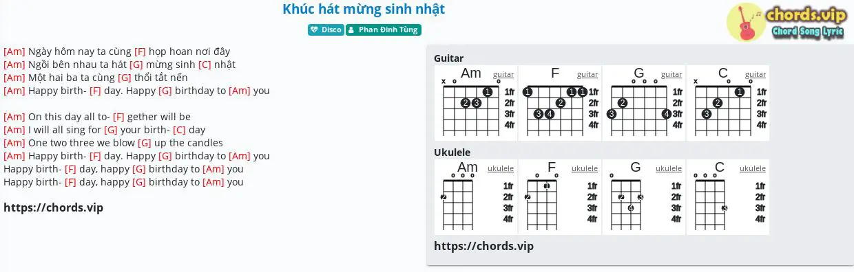 Hợp âm: Khúc hát mừng sinh nhật - Phan Đinh Tùng - cảm âm, tab guitar,  ukulele - lời bài hát 
