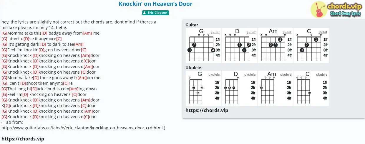 Chord Knockin On Heaven S Door Eric Clapton Tab Song Lyric Sheet Guitar Ukulele Chords Vip