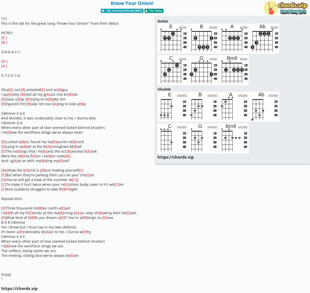 Chord Know Your Onion The Shins Tab Song Lyric Sheet Guitar Ukulele Chords Vip