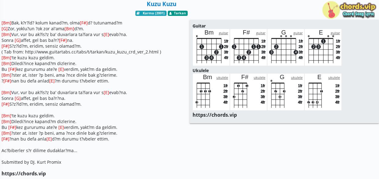 Chord Kuzu Kuzu Tarkan Tab Song Lyric Sheet Guitar Ukulele Chords Vip