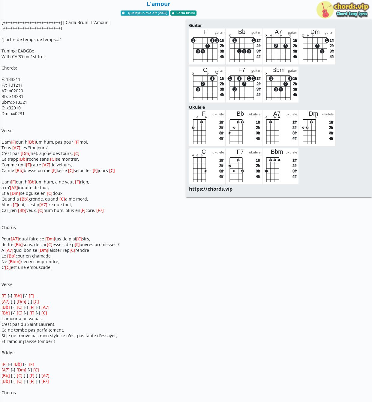 Chord L Amour Carla Bruni Tab Song Lyric Sheet Guitar Ukulele Chords Vip
